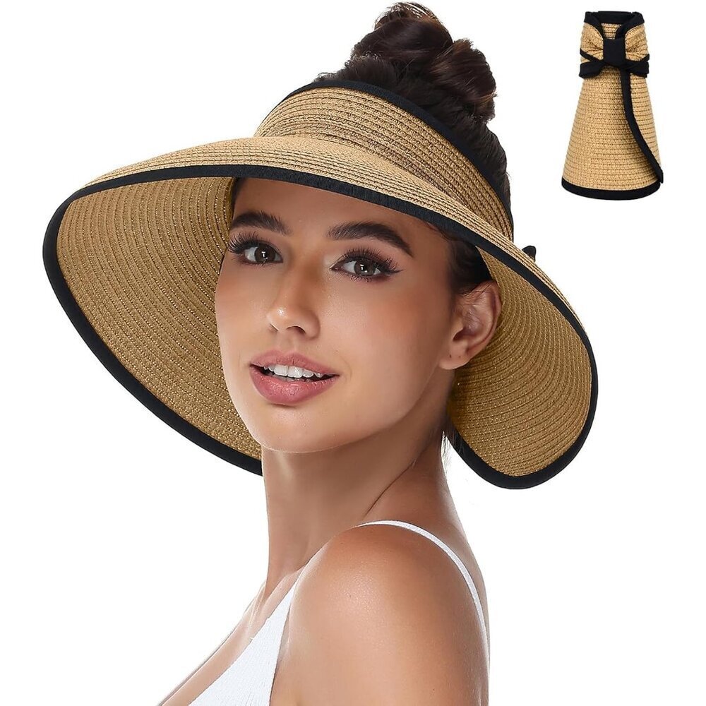 Women's Straw Sun Hat Wide Brim Foldable Cap UV UPF Packable Travel Beach
